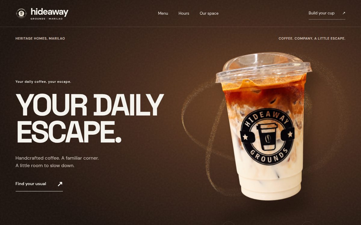 Hideaway Grounds coffee shop homepage